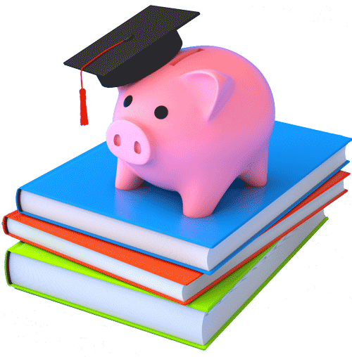 Piggy bank wearing graduation cap and sitting on three books