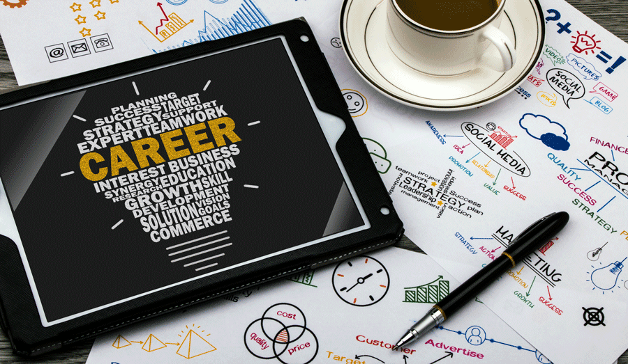 Careeer concept art. The word Career on a tablet computer with coffee, a pen, and charts on a table