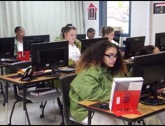 Seated students work on computers at their desks.