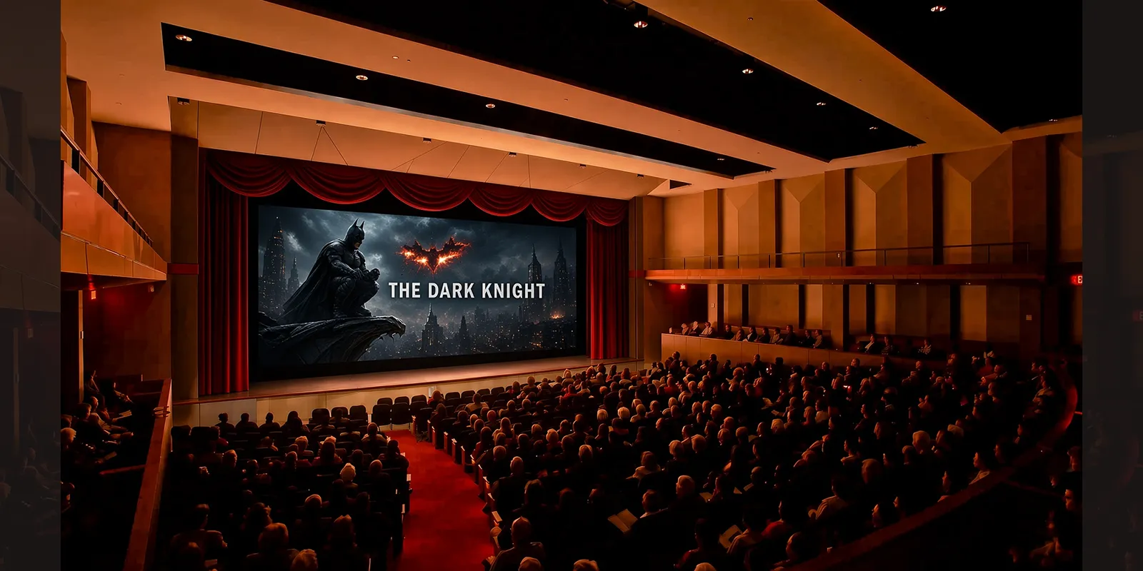 Artist rendition of the Performing Arts Center showing full theater and Dark Knight on a big screen.