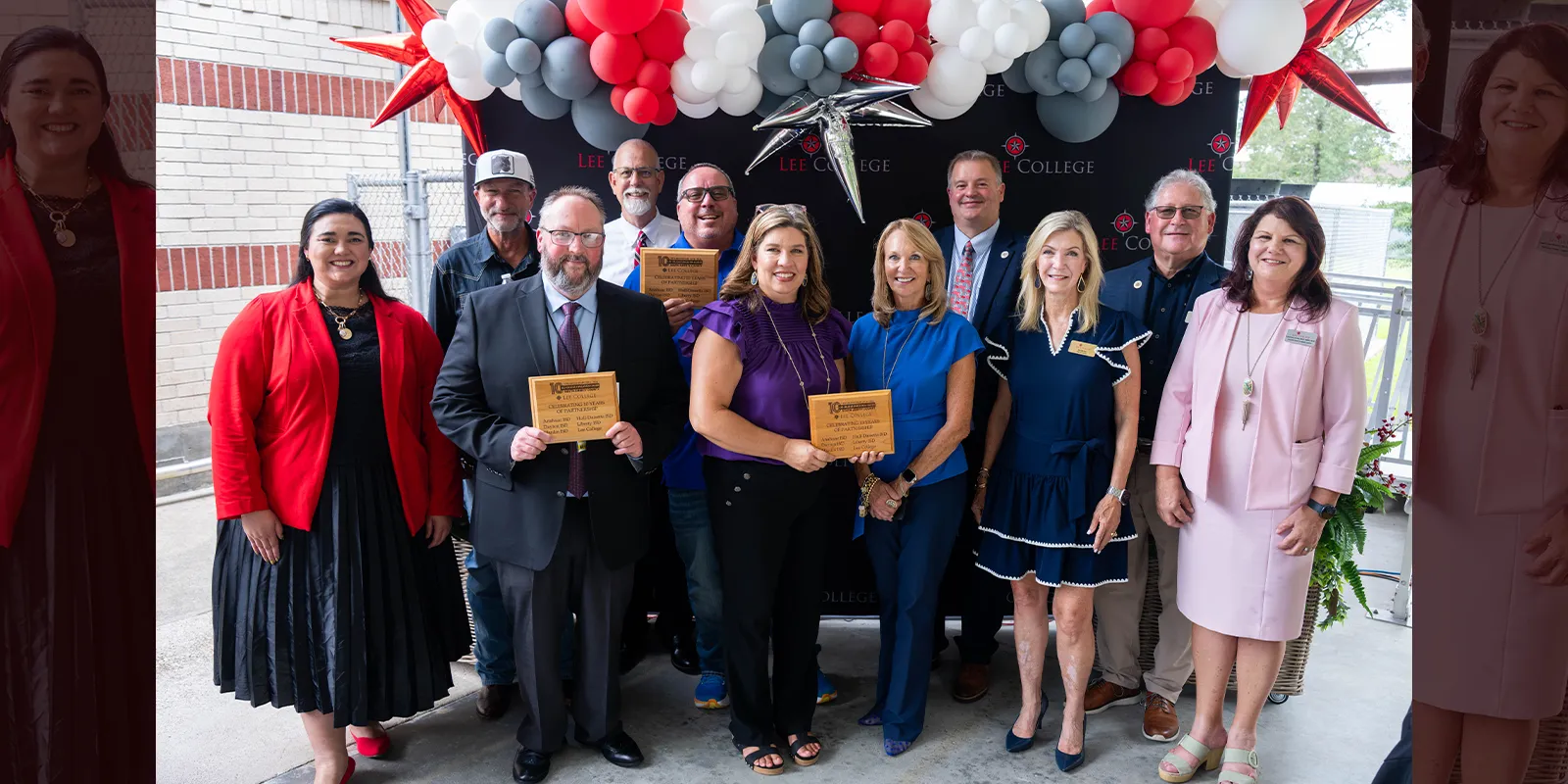 Lee College welcomed area superintendents to join in the 10-year celebration of the South Liberty County center. Pictured, from left, (back row) are Cody Abshier, Anahuac ISD interim superintendent, Tim Bartram, Hull-Daisetta ISD superintendent, Scott Mackey, Hardin ISD superintendent; Jacob Atkin, Lee College president; and Gilbert Santana, Lee College regent. Front row: Priscilla Sanchez, Lee College executive director School & College Partnerships; Dusty McGee, Liberty ISD superintendent; Tami Pierce, Dayton ISD deputy superintendent; Jessica Johnson, retired Dayton ISD superintendent; Pam Warford, Lee College regent and Laura Lane-Worley, executive director, Academic Programs at Lee College.