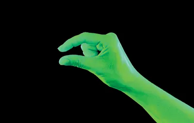 A green hand and wrist, making the sign for small