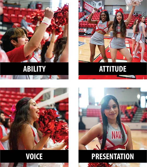 Ability, Attitude, Voice, Presentation. Photos show cheerleaders exhibiting these traits.