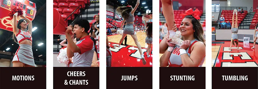 Photos of cheerleaders with various skills: motions, cheers & chants, jumps, stunting, and tumbling