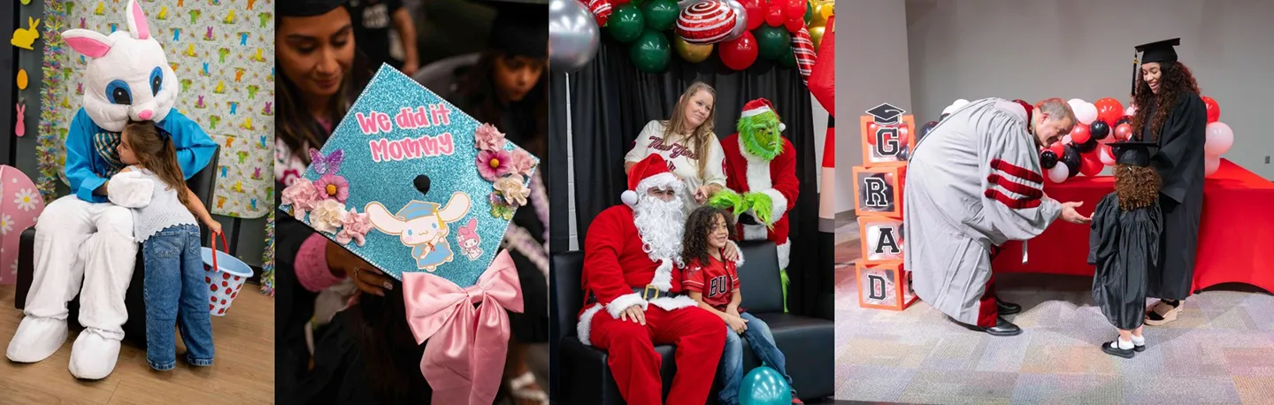 A montage of several children, the easter bunny, santa claus and the grinch, and graduating parents with their children.