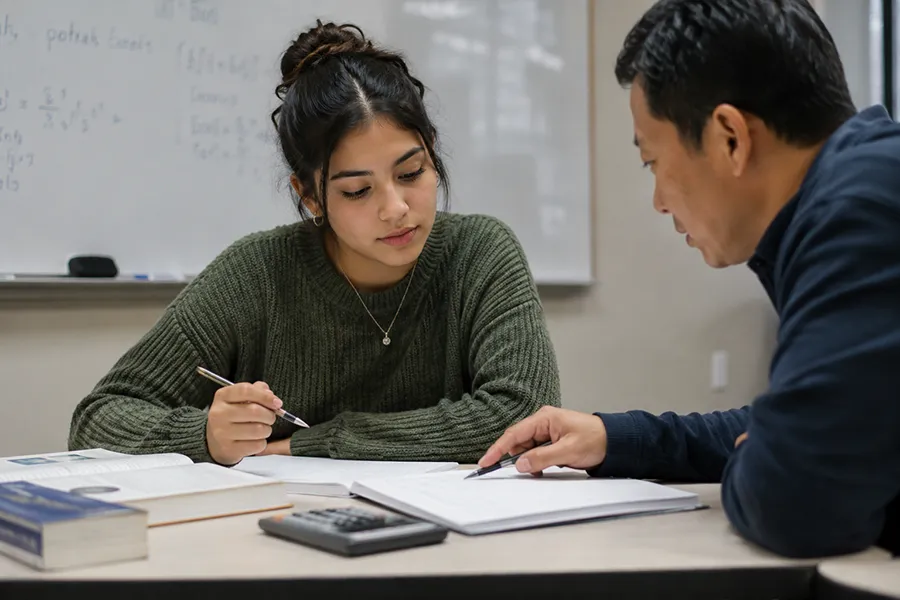 A woman receives tutoring help with a math class.