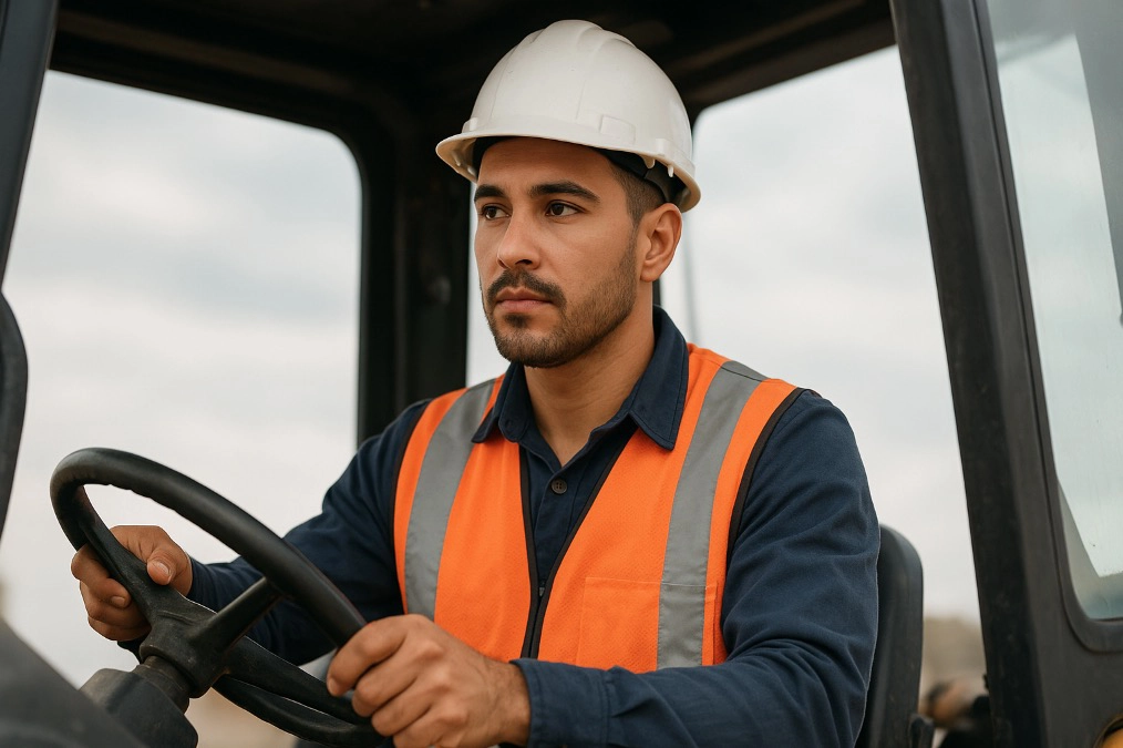 A man driving heavy equipment and wearing an orange safety vest with hard hat.
