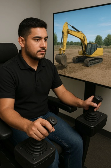 A man training on a heavy equipment simulator